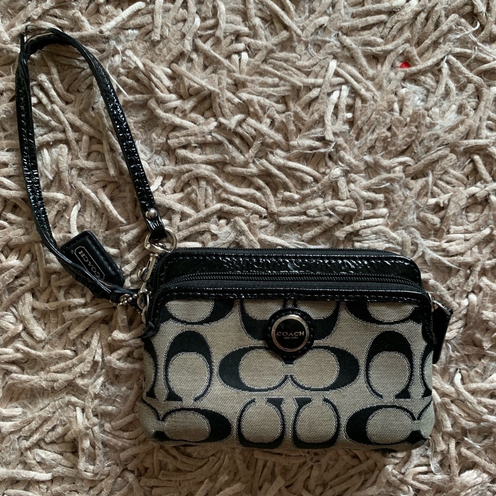 Coach Double Pocket Wristlet with Black Patent Leather Trim